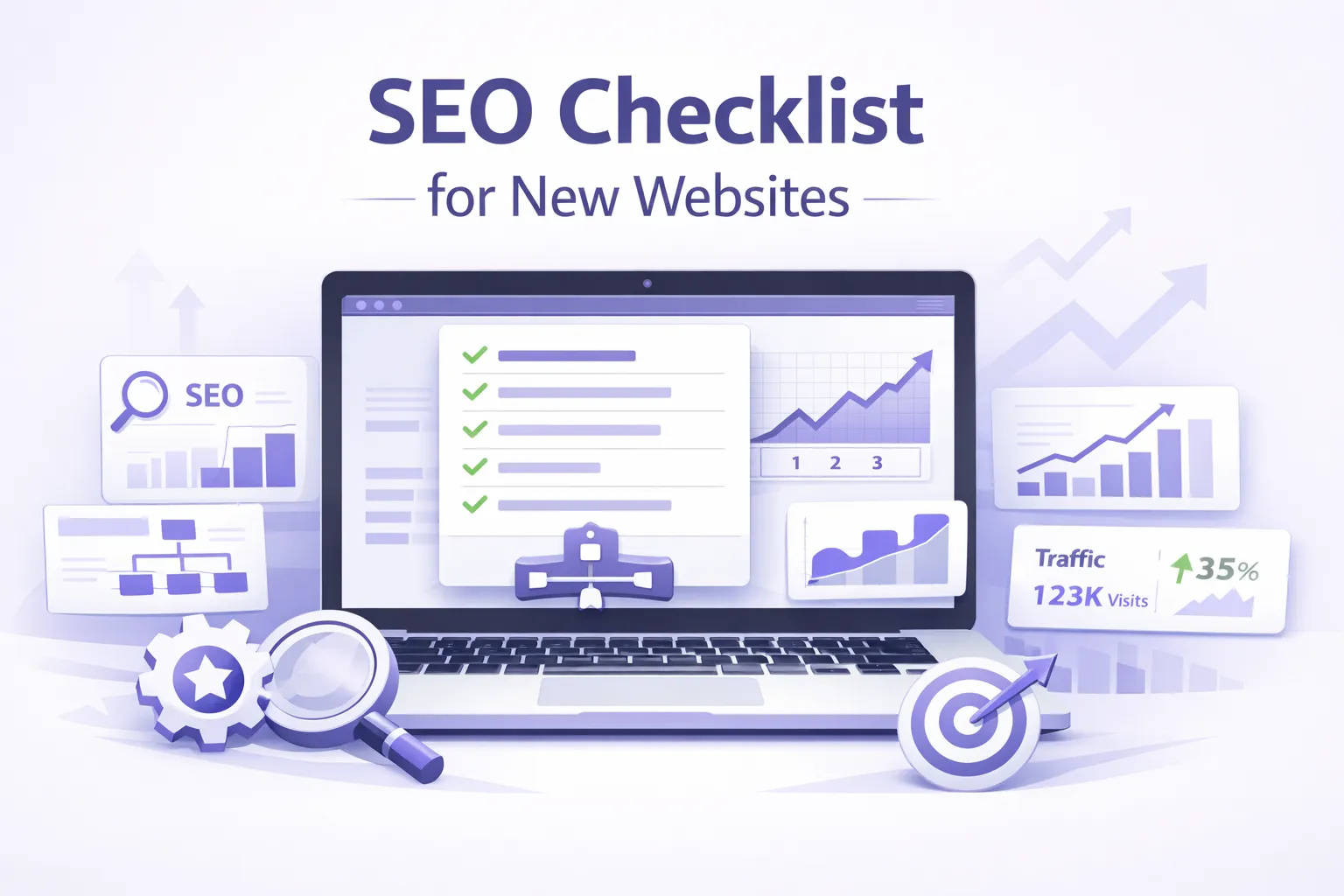 SEO checklist for new website launch covering technical SEO, on-page SEO, indexing, and Core Web Vitals
